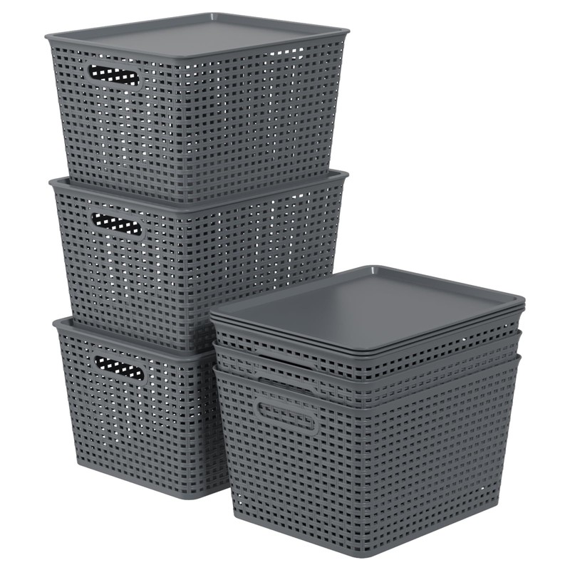 Gainhope 6-Pack Large Plastic Storage Baskets with Lid, 13.98" x