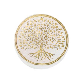 NKlaus Selenit Platte rund 7,5 cm mit Lebensbaum in Gold – Mini Ladeplatte für Edelsteine, spirituelle Dekoration & Meditation, Symbol für Erdung & Harmonie 16609