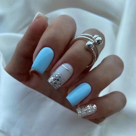 DOUBNINE Press On Nails Medium Coffin Blue Glossy Silver Glitter French Tip Full Cover Fake Nails Acrylic Stick On Nails for Women