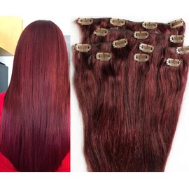 Hair Faux You 20" Clip in Hair Extensions Real Human Hair 90g Clip on for Full Head 7 pieces, 14 clips, Silky Straight Weft Remy Hair Color #99J BURGUNDY RED