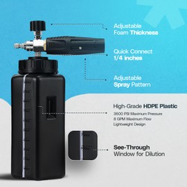 Crystal Clean Foam Cannon for Pressure Washer – High Performance Adjustable Foam Sprayer with 1/4” Quick Connector, Thick Foaming Spray Nozzle, 1000ml Wide Mouth Bottle for Car Wash
