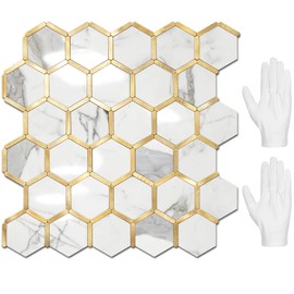 STICKGOO Hexagon Peel and Stick Backsplash Tile, Stick on Backsplash for Kitchen and Bathroom, Glossy Carrara White PVC Mixed Metal Gold Self Adhesive Wall Tiles(10 Sheets, Seamless)
