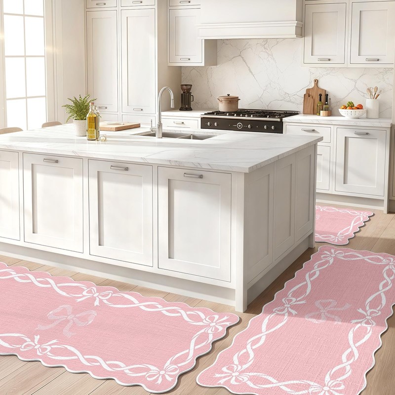 Scalloped Kitchen Rug Set of 3, Pink Bow Kitchen Mats