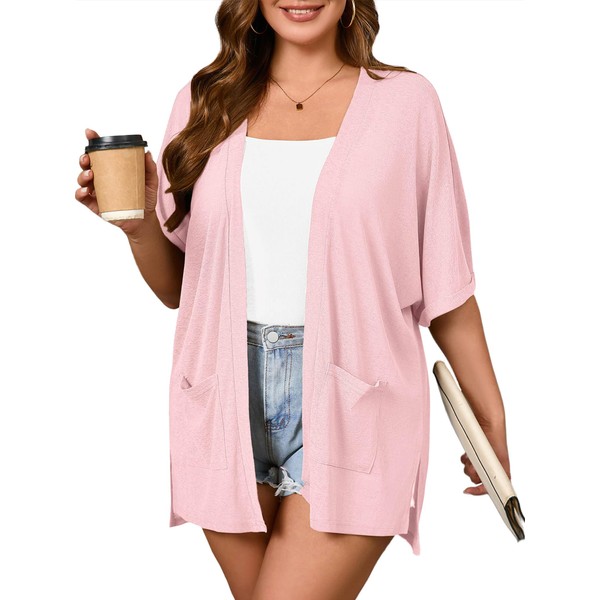 AusLook Women's Plus Size Lightweight Cardigan Open Front Short Sleeve