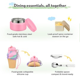 HAWEEK Lunch Box Kids with 5 Compartments, Insulated Food Jar & Utensil & Sauce Container & Lunch Bag & Silicone Collapsible Cup, Leak Proof Bento Box, BPA-Free & Dishwasher Safe-Pink