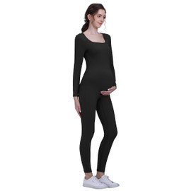 CFRTMTBB Maternity Jumpsuit Ribbed Long Sleeved Square Neck Romper Bodycon Yoga One Piece Pregnancy Bodysuit Shapewear, Black, Large