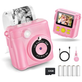 AWCBBT Cámara Instantánea para Niños de 1080P,Camara Fotografica Instanea,Camara Infantiles para Niñas con Tarjeta SD de 32 GB y 5 Vols Papel de Impresión,Cordón de Mano,Cable de Datos USBC(Rosa)