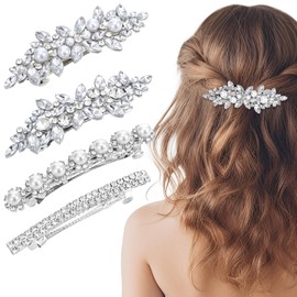 4 Pcs Rhinestone Bridal Hair Clip Pearl Hair Clips Pearls Wedding Pins Crystal Clips Vintage Bridal Wedding Pins And Accessories Fancy Flower Barrettes For Brides Bridesmaids Flower Girls