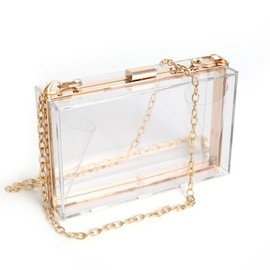 WJCD Women Clear Purse Acrylic Box Clutch Handbag, Small Transparent Crossbody Evening Bag Stadium Approved Gold Chain Strap (Gold)