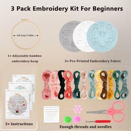 SHENGRUI SHENGRUI 3 Sets of Beginner Embroidery Kits Punch Needle Kit Cross Stitch DIY Craft Set Including Hoop Embroidery Thread Fabric and Needle Suitable for Adult Crafts and Beginners