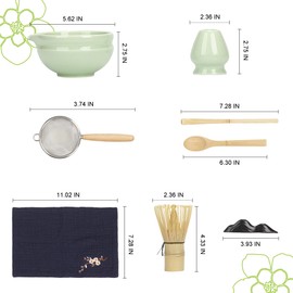 Cilkus Matcha Whisk Set – 8 Pcs Matcha Set with Ceramic Bowl with Spout, Bamboo Whisk, Holder, Scoop, Sifter, and Tea Towel – Complete Japanese Matcha Kit for Ceremony and Gift