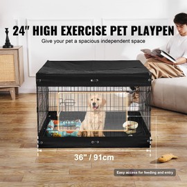 Happybuy Foldable Metal Dog Playpen, 4 Panels of 24 x 36 in, with Door, Top Cover & Bottom Pad. Ideal for Indoor & Outdoor Use, for Dogs, Cats & Other Small Pets.