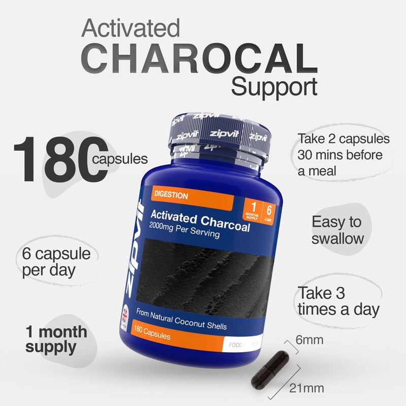 Zipvit Activated Charcoal Capsules 2000mg, Charcoal Tablets Alternative, Digestion Support