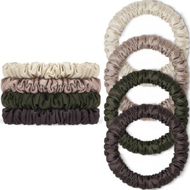 Scrunchies Hair Ties Silk Satin Scrunchy, WantGor Women 4PC Pure Mulberry Silk Skinny Elastic Scrunchies Hair Bands Bracelets Ponytail Holders Hair Accessories (Beige,Champagne,Coffee,Grey-green)