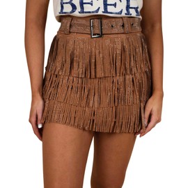 ChiyeeKiss Womens Sparkle Rhinestone Fringe Skirt Elastic Waistband Short Mini Dress with Adjustable and Removable Belt(0002-Brown-XL)