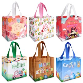 Mexgcom Pack of 6 Easter Egg Hunt Bags, 6 Designs Gift Bags Easter with Handles, Easter Carry Bag, Used for Gift Wrapping, Party Accessories, Egg Hunt
