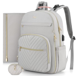 MOMUVO Diaper Bag Backpack, Quilted Baby Bag with Changing Pad and Stroller Straps and Pacifier Case, Multifunction Waterproof Travel Diaper Bags, Unisex, Light Grey and Pink