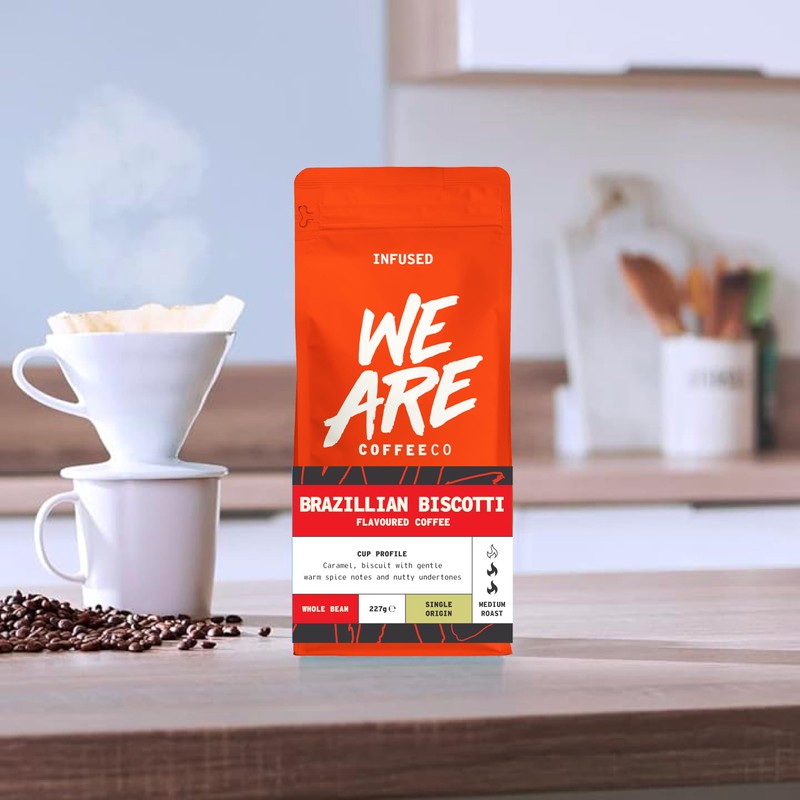 Coffee Beans 227g Bag, Whole Bean Coffee, Brazilian Biscotti Flavoured