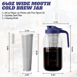 Cold Brew Coffee Maker with Pour Spout Handle Lid, 64oz Cold Brew Pitcher with Stainless Steel Filter, Heavy Duty Glass Mason Jar Cold Brew Maker for Coffee, Iced Tea, Sun Tea, Lemonade-Blue Lid