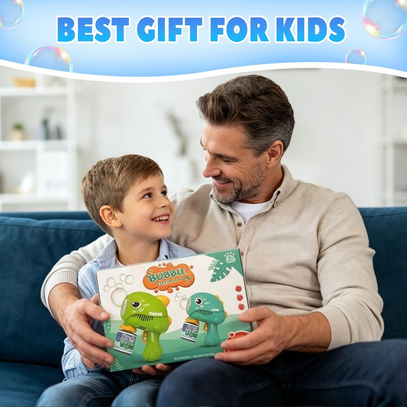 2 Pack Dinosaur Bubble Guns, Automatic Bubble Blower & 4
