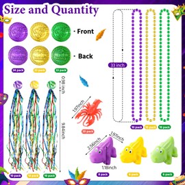 200 Pcs Mardi Gras Parade Throw Bulk Mardi Gras Purple Green Gold Beads Necklaces Plastic Coins Bouncy Balls Alligator Party Favors for Carnival St Patrick Day Celebrations
