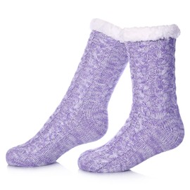 SDBING Women's Winter Super Soft Warm Cozy Fleece Lined Fuzzy Slipper Socks with Grippers (Light Purple AB, 6-10)