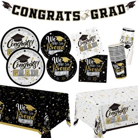 2025 Graduation Decorations Kit: Black and Gold Graduation Party Supplies with Disposable Plates, Napkins, Tablecloth, Cups and Congrats Grad Banner for 24 Guests - Graduation Party Decorations