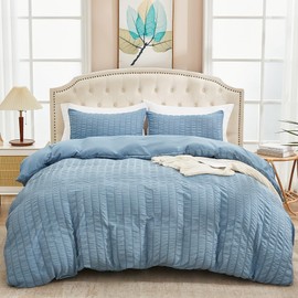 AveLom Grayish Blue Duvet Cover Full(80 x 90 inches), 3 Pieces (1 Duvet Cover, 2 Pillow Cases),Seersucker Tripe Soft Washed Microfiber Textured Duvet Cover Set with Zipper Closure, Corner Ties
