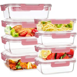 8 Pack Glass Food Storage Containers with Lids, 2 Size [34oz+12oz] Airtight Meal Prep Containers with Smart Locking Lids, Pink Lunch Bento Boxes for Leftover, 100% Leak-Proof