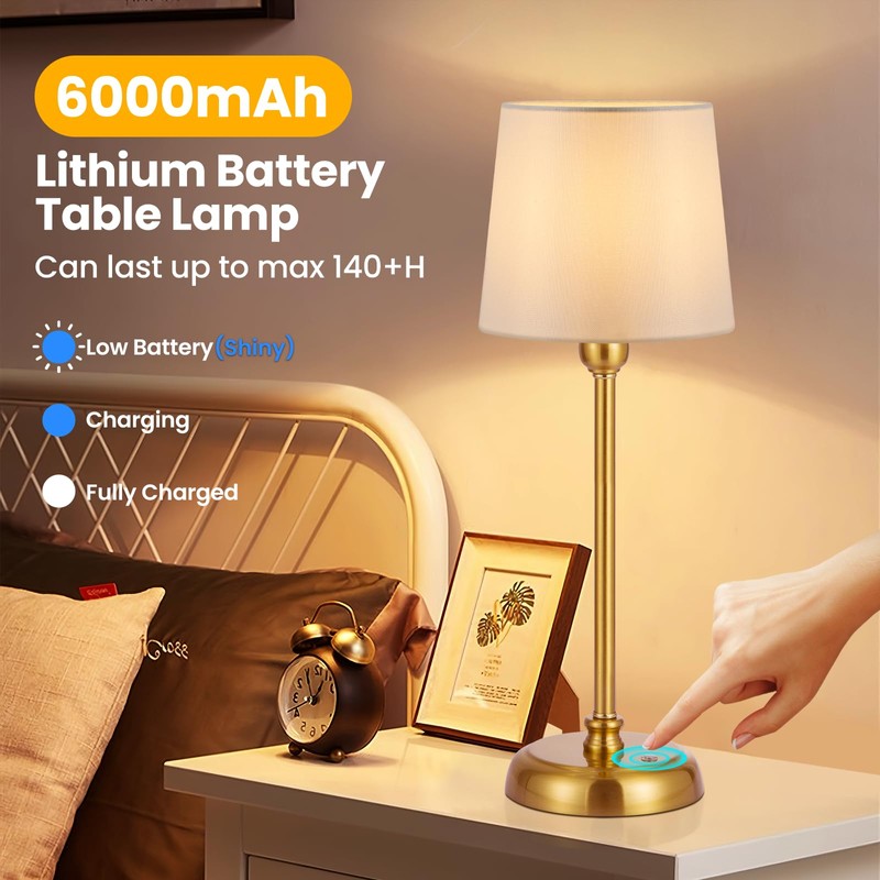 Small Cordless Table Lamp Touch Control, 6000mAh Battery Powered, Low