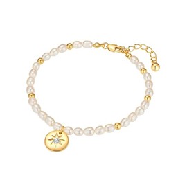 Yokoamii Women's Bracelet 14 Carat Yellow Gold-Plated Metal with Potato Freshwater Cultured Pearl Approx. 4.5-5.0 mm Pearl Bracelet, Cubic Zirconia