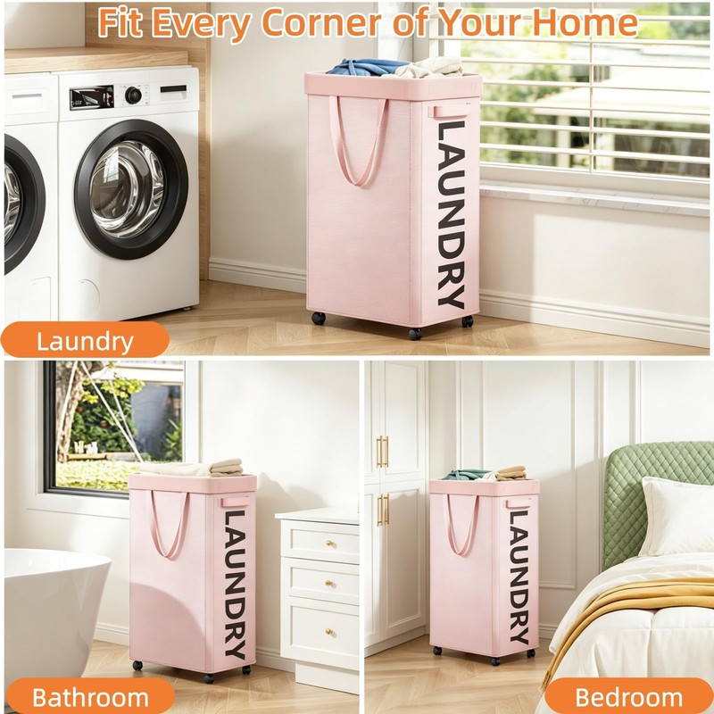 Optish Pink Laundry Basket with Wheels, Dorm Room Essentials Girl,