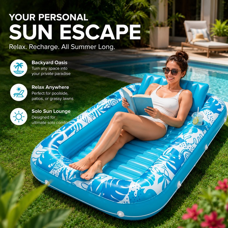Inflatable Tanning Pool Float for Adults – 4-in-1 PVC Lounge