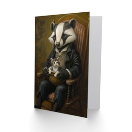 Artery8 Greeting Card Victorian Animals Fantasy Badger with a Kitten Blank For Him Or Her Art Birthday Card