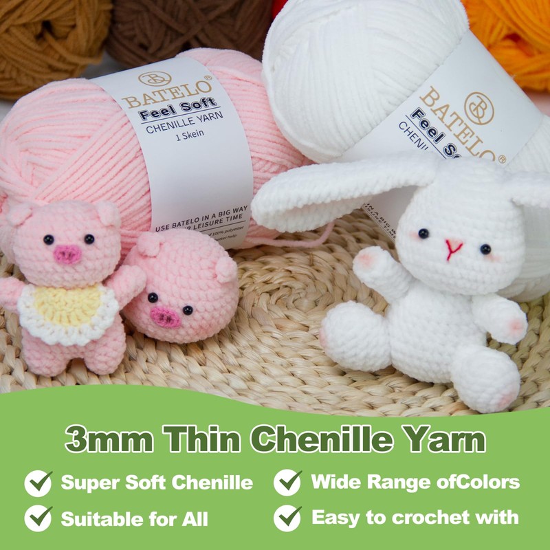 BATELO Thin Chenille Yarn for Crocheting & Knitting, Soft Plush