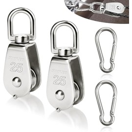 Pack of 4 M25 Pulley Small, Pulley for Ropes with 2 Pieces M6 Carabiner, 360° Rotatable, Load Capacity 150 kg, Stainless Steel Pulley Pulley for Awning, Construction Equipment, Mountaineering, Winches