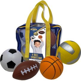 Nature Bound Mini 4-Ball Sports Bag - Soft Foam Balls Set for Kids - Basketball, Soccer, Volleyball, Football - Safe Indoor and Outdoor Play - No Pump Required - Mesh Storage Bag Included
