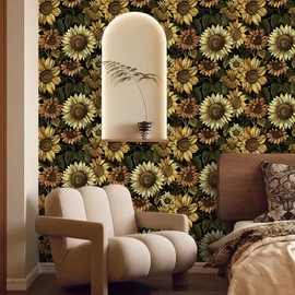 Livebor Boho Floral Wallpaper Peel and Stick Wallpaper Vintage Floral Contact Paper 15.7inch x 118.1inch Sunflower Wallpaper Brown Floral Peel and Stick Contact Paper for Bathroom Decor Removable