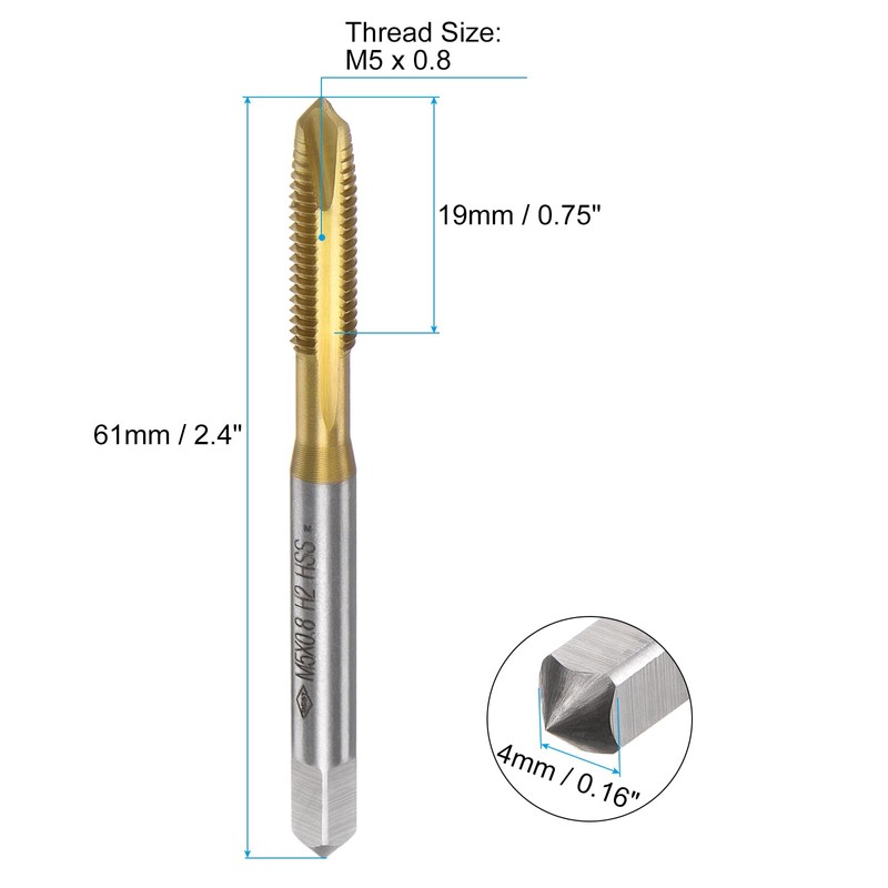 sourcing map 4pcs Spiral Point Plug Taps, M5 x 0.8