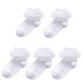 VURGER 5 Packs Toddler Girls Ruffle Lace Trim Cotton Socks Eyelet Frilly Princess Dress Socks for Little/Big Girls (as8, age, 7_years, 9_years, regular, White)