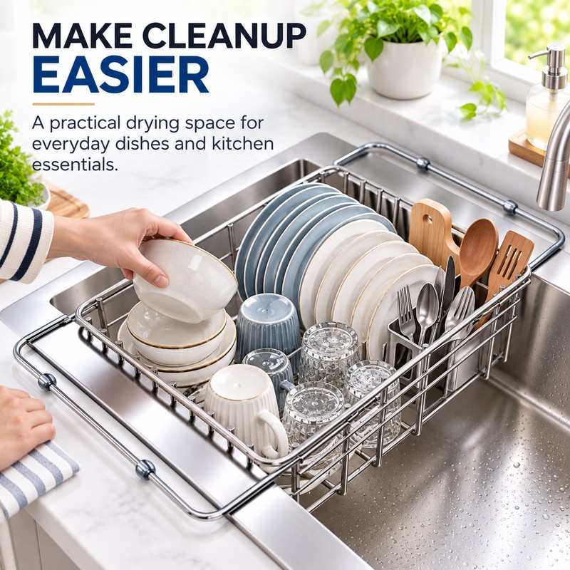 Telescopic Sink Drain Rack for Dishes – Adjustable Metal Drying