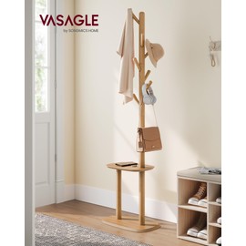 VASAGLE Coat Rack, Free Standing Coat Stand, Hall Coat Tree with 8 Hooks and Storage Shelf, 67.2 Inch Tall, for Coats, Hats, Bags, for Entryway, Hallway, Bedroom, Natural Beige URCR040N02