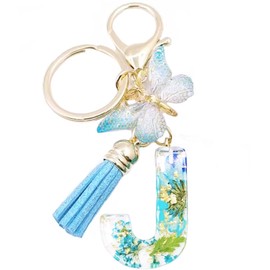 jtkdxqs A-Z Letter Keychain Little Blue Daisies with Tassel Butterfly Car Keychains for Women Backpack Handbags Pendant,Letter J