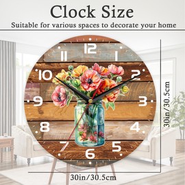 ENUIEO Wall Clock, 10 Inch Silent Non-Ticking Home Kitchen Decor, Battery Operated for Bathroom Bedroom Living Room Office(Flower Vase Wood)