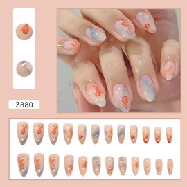 Mkwntg 24Pcs Goldfish Press on Nails Short Almond Fake Nails with 3D Bubble Water Drops Design Summer Charms False Nails Cute Blue Gradient Glossy Blooming Stick on Nails for Women Manicure Decor