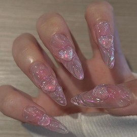 24pcs Almond Shaped Pink Nails with 3D Water Ripple Design - Press On, Stick On Fake Nails for Women
