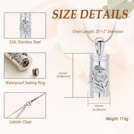 Minicremation Rose Flower Urn Necklace for Ashes Stainless Steel Cylinder Vial Urn Necklace for Women Men Ashes Necklace Memorial Keepsake Jewelry Gifts
