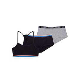 Fruit of the Loom Girls' Beginner Cotton Cami Crop Bra and Boyshort Panty, 3-Piece Set, Black Hue with Grey Heather, S
