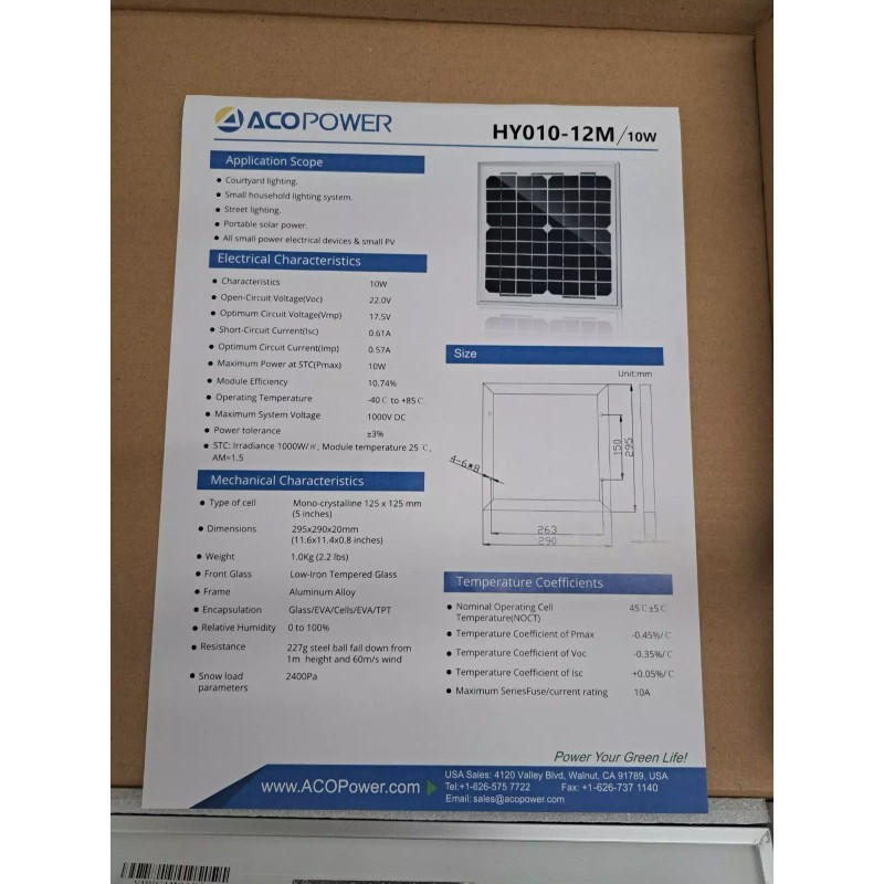 ACOPOWER New, ACOPOWER, HY010-12M-10W, 10W, 12V solar panel for 12v
