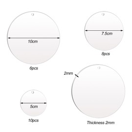 Pack of 24 Acrylic Discs Round, 5 cm/7.5 cm/10 cm Acrylic Glass Round Transparent with Hole, Acrylic Plate Round 2 mm Thick, Acrylic Discs Acrylic Glass Round, DIY Acrylic Pendant Round, for Painting,